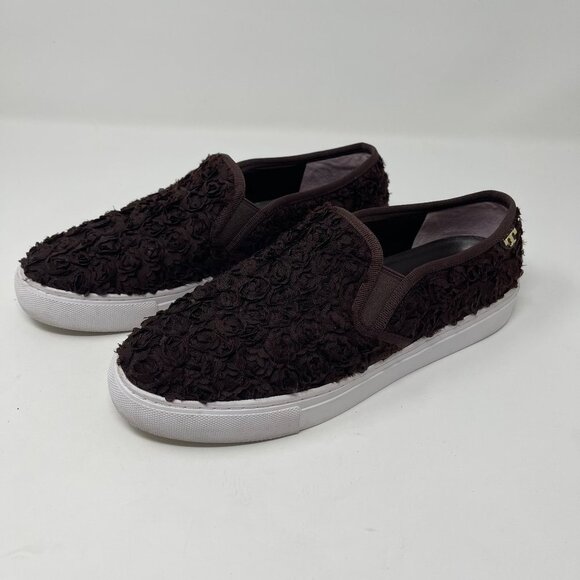 Tory Burch Rosette Slip On Trainers leather boho textile flowers brown size 7.5 - Picture 2 of 11